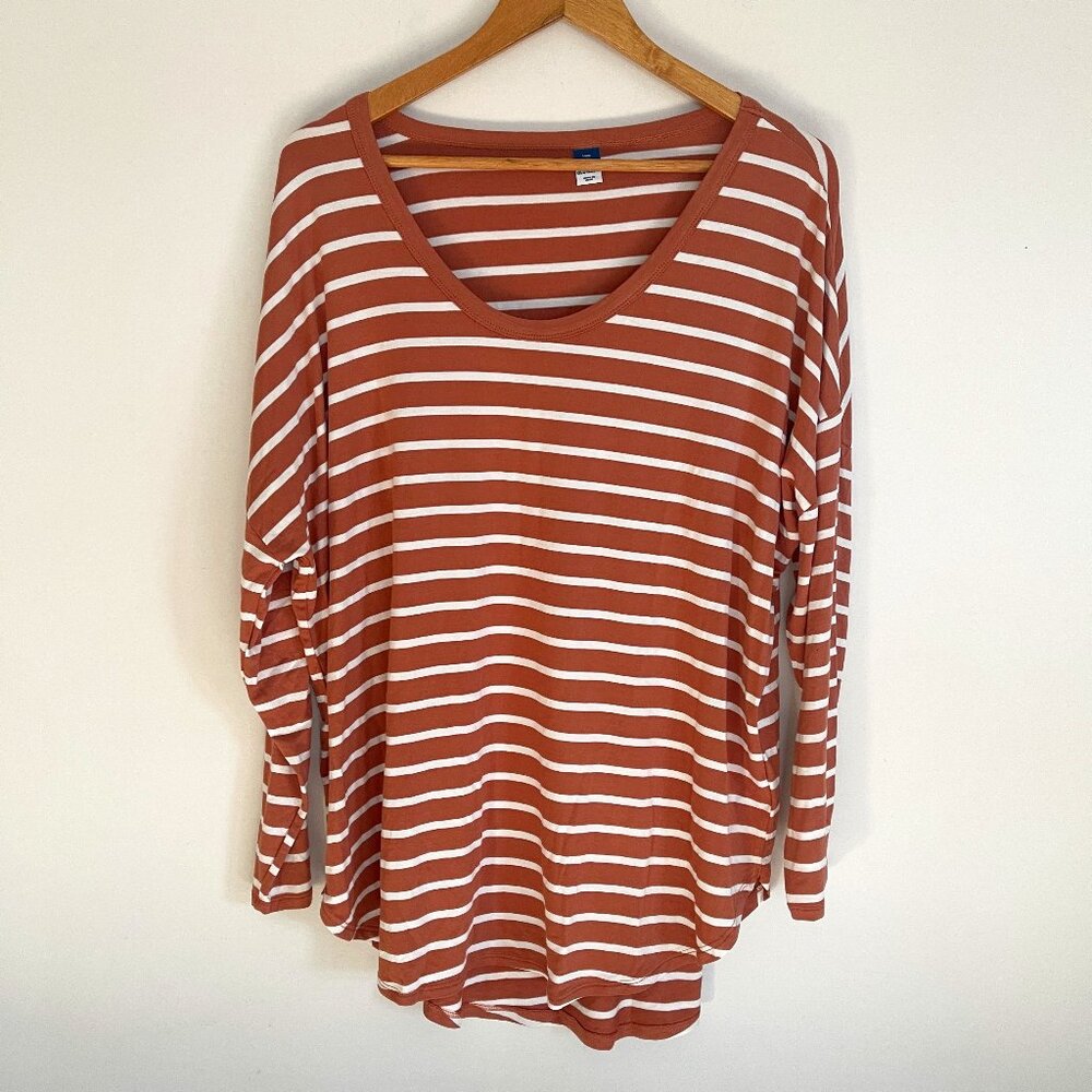 Old Navy Women Brown/White Striped 3/4 Sleeve Round Neck Pullover Top Size XL